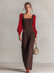 Retro Dark-coffee Square-neck Red-button Contrast-color-sleeve Fitted Wide-leg Jumpsuit