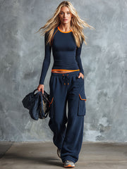 Retro Sporty Color-blocked Blue Cotton Top And Pants Set