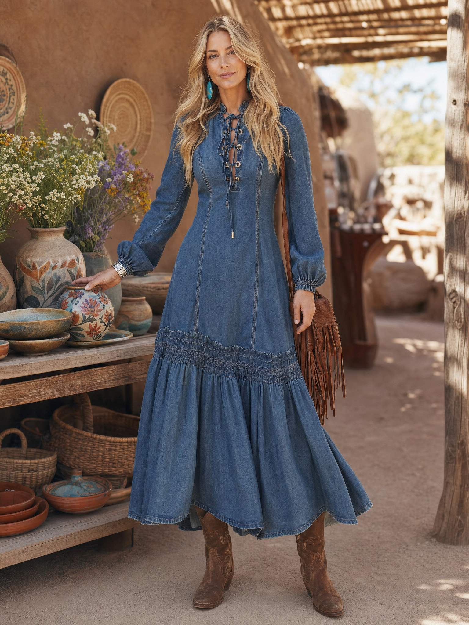 Elegant Vintage Western Tie-neck Long-sleeved Bubble Hem Blue Denim Maxi Dress