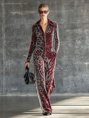 Casual Retro Striped Abstract Leopard Print Long-Sleeved Velvet Jumpsuit