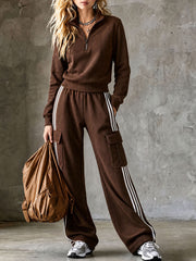 Casual Sporty Retro Striped Brown Cotton Half-Zip Sweatshirt And Cargo Pants Set