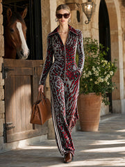Casual Retro Striped Abstract Leopard Print Long-Sleeved Velvet Jumpsuit