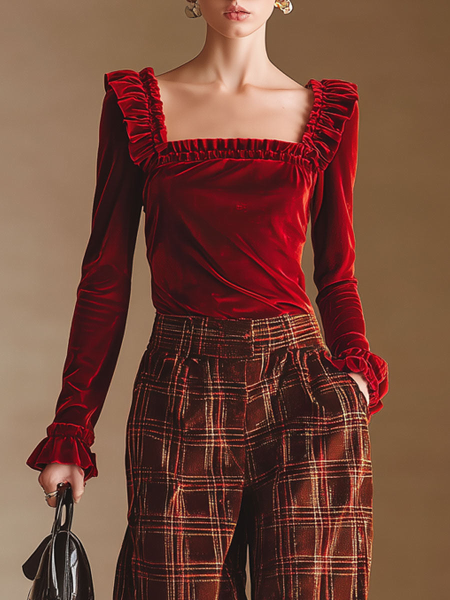 Elegant Red Velvet Square Neck Ruffled T-Shirt And Plaid Pants Set