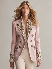 Light-luxury Leopard-panel Raw-edge Denim Blazer