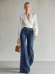Retro Dark-blue High-waist Side-button Wide-leg Flare Jeans