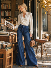 Retro Dark-blue High-waist Side-button Wide-leg Flare Jeans