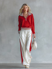 Casual-chic Striped-trim Red Sweatshirt And White Wide-leg Pants Athleisure Set