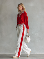 Casual-chic Striped-trim Red Sweatshirt And White Wide-leg Pants Athleisure Set
