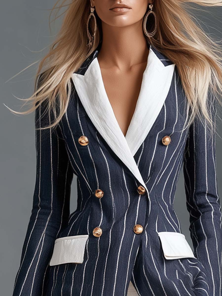 Coastal Navy Pinstripe Contrast-Lapel Double-Breasted Gold-Button Fitted Blazer