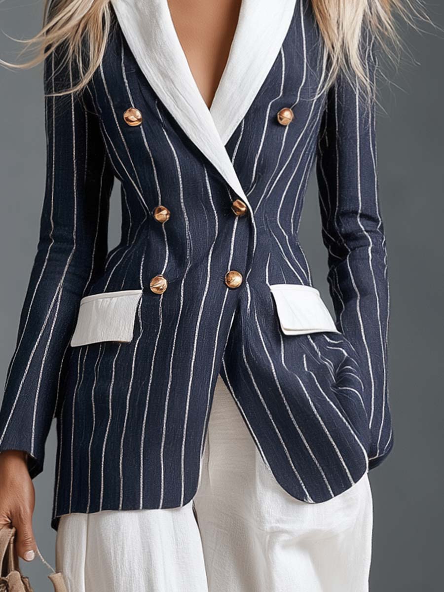 Coastal Navy Pinstripe Contrast-Lapel Double-Breasted Gold-Button Fitted Blazer