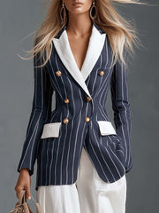 Coastal Navy Pinstripe Contrast-Lapel Double-Breasted Gold-Button Fitted Blazer