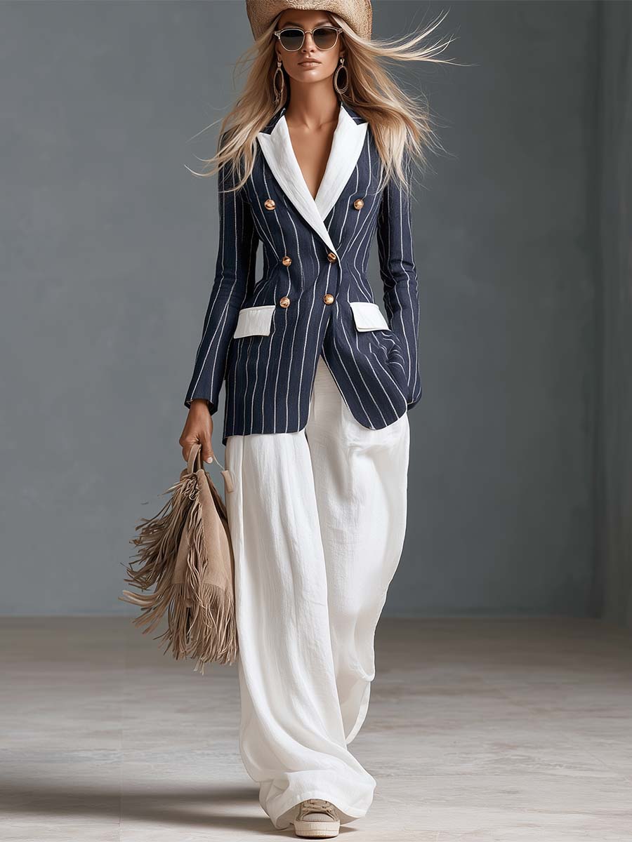 Coastal Navy Pinstripe Contrast-Lapel Double-Breasted Gold-Button Fitted Blazer
