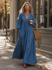 Chic Urban Lace-Up Blue V-Neck Denim Maxi Dress