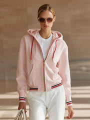 Casual Sports Colorful Striped Pink Cotton Hoodie