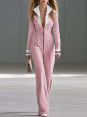 Retro Pink Corduroy Contrast-Collar Zip-Front Long-Sleeve Fitted Wide-Leg Jumpsuit