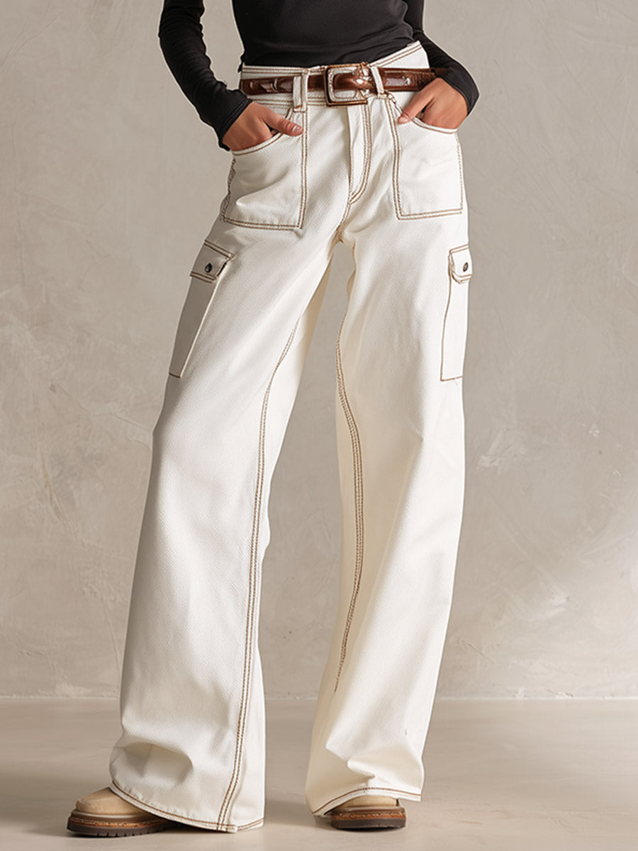 Classic Contrast-Stitching Off-White Utility Pocket Wide-Leg Jeans