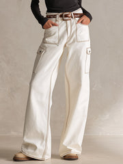 Classic Contrast-Stitching Off-White Utility Pocket Wide-Leg Jeans