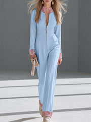 Retro Sporty Blue Striped-Trim Zip-Front Stand-Collar Long-Sleeve Fitted Jumpsuit