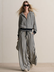 Retro Sporty Black And White Striped Cotton Cardigan And Pants Set