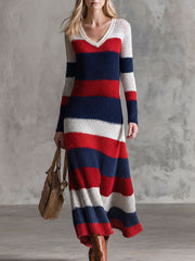 Retro Red And Blue Color-blocked V-neck Long-sleeved Knit Midi Dress