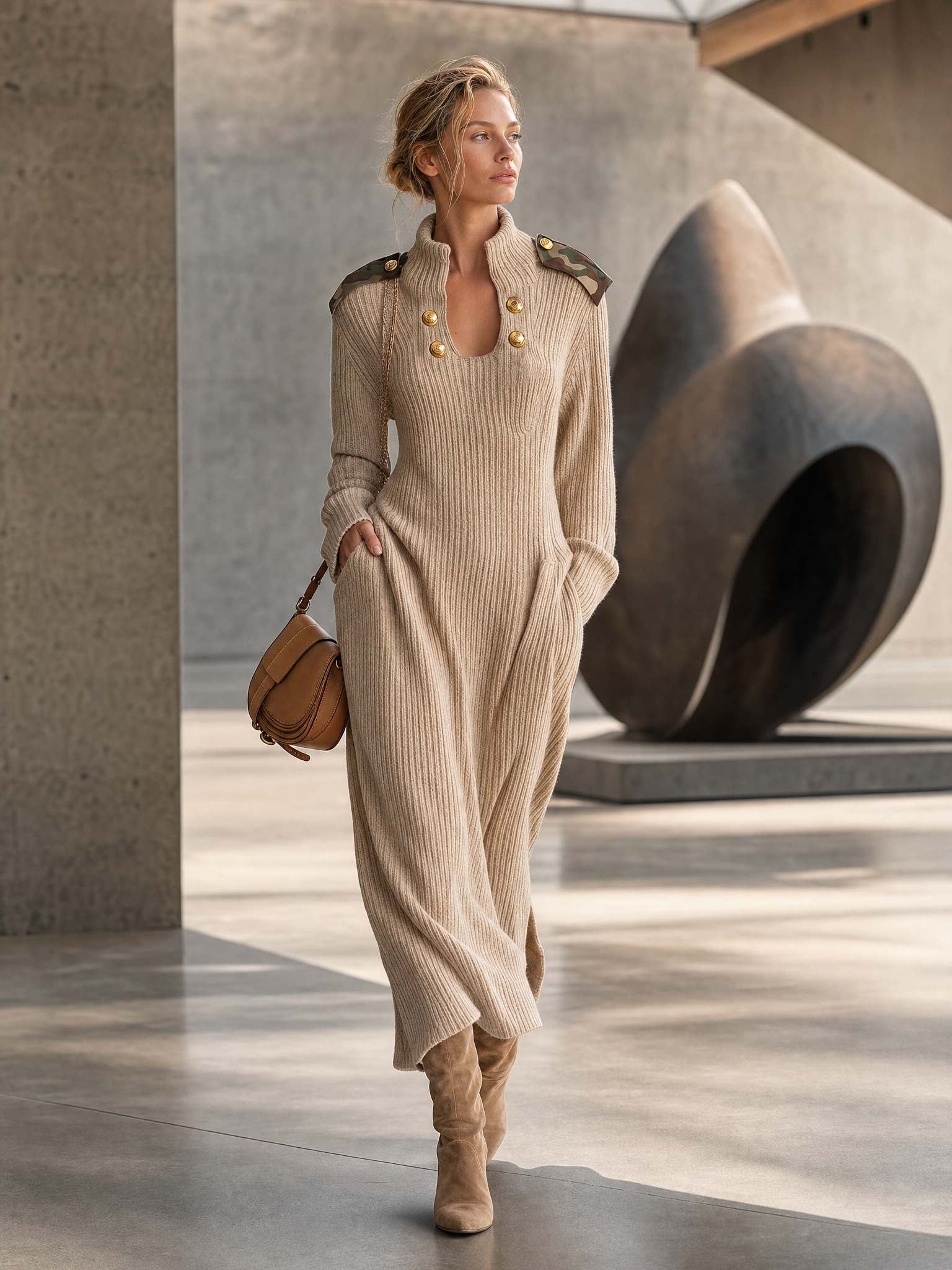Elevated Oatmeal Ribbed Knit High-Neck Epaulette Long-Sleeve Sweater Maxi Dress
