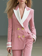 Preppy Pink Corduroy Peak-Lapel Double-Breasted Gold-Button Fitted Blazer