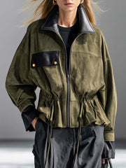 Olive Faux-Suede Leather-Trim Zip-Front Drawstring-Waist Oversized Utility Jacket Women