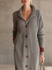 Grey Chunky Ribbed Collared Button-Front Varsity-Stripe Oversized Maxi Duster Cardigan Women
