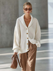 Ivory Chunky Ribbed Shawl-Collar Button-Front Oversized Cozy Knit Cardigan Women