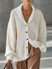 Ivory Chunky Ribbed Shawl-Collar Button-Front Oversized Cozy Knit Cardigan Women