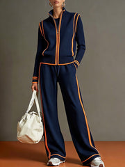 Casual Sporty Color-blocked Navy Blue Zip-up Sweatshirt And Wide-leg Pants Set
