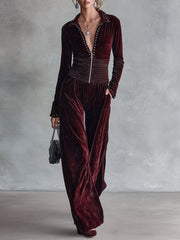 Retro Waist-pleated Burgundy Velvet Long-sleeve Wide-leg Jumpsuit