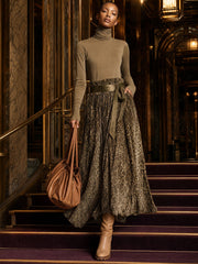 Fashionable Retro Khaki Turtleneck T-shirt And Olive Green Leopard Print Velvet Skirt Set