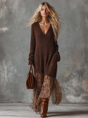 Lazy Brown Sweater Deep-V Paisley Chiffon Handkerchief-Hem Long-Sleeve Boho Maxi Dress
