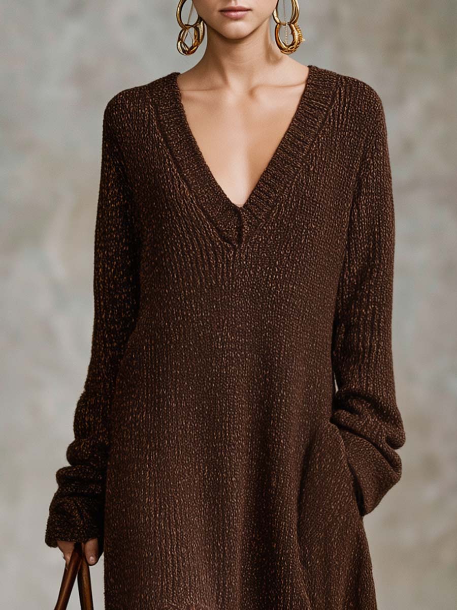 Lazy Brown Sweater Deep-V Paisley Chiffon Handkerchief-Hem Long-Sleeve Boho Maxi Dress