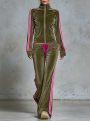 Retro Urban Sporty Stripe-Trim Olive Green Velour Zip-Up Top And Wide-Leg Pants Set