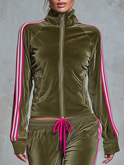 Retro Urban Sporty Stripe-Trim Olive Green Velour Zip-Up Top And Wide-Leg Pants Set