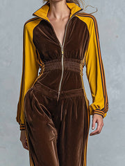 Retro Sporty Style Brown Velour Yellow Raglan Sleeves Front Zipper Wide-Leg Jumpsuit