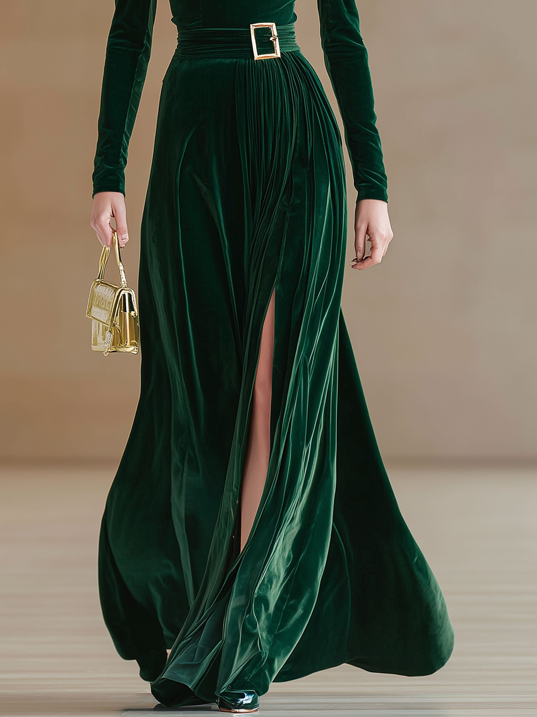 Elegant And Stylish Dark Green Velvet Square Neck Slit Maxi Dress