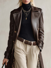Retro Brown Faux-Leather Peak-Lapel Gold-Button Longline Leopard-Lined Trench Coat Women