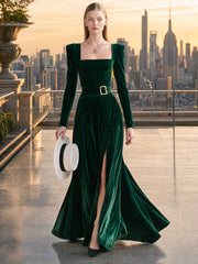 Elegant And Stylish Dark Green Velvet Square Neck Slit Maxi Dress