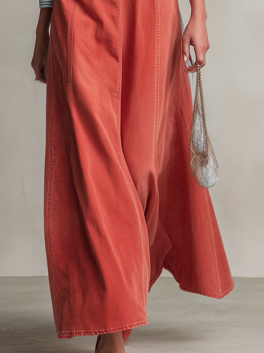 Casual Vintage Blue-and-white Striped Denim Maxi Dress