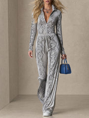 Retro Gray Snakeskin Print Lapel Long-sleeved Tie-front Velvet Jumpsuit