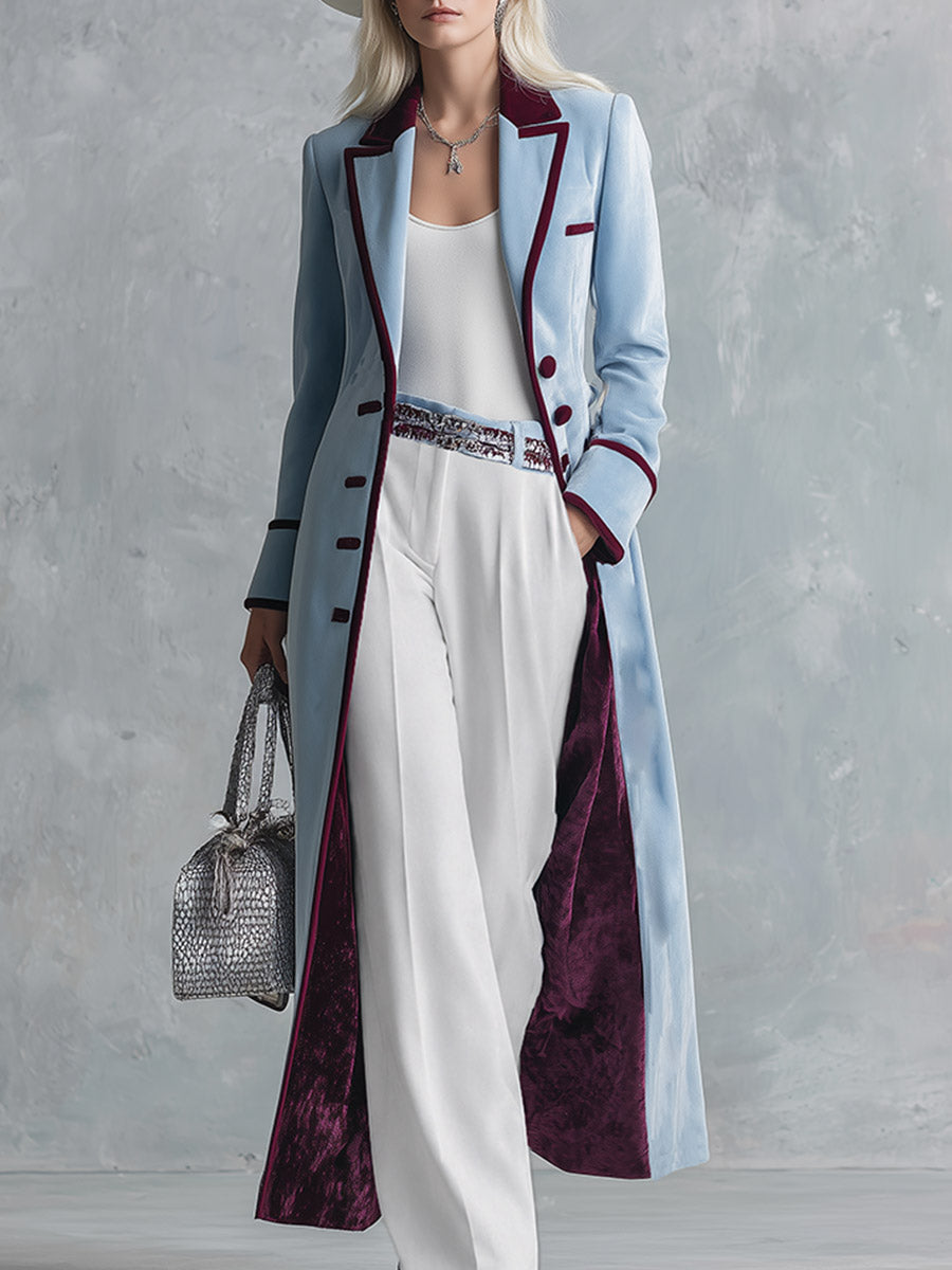 Elegant Urban-style Piped Two-tone Ice-blue Velvet Coat