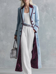 Elegant Urban-style Piped Two-tone Ice-blue Velvet Coat