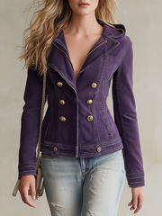 Purple Denim Jacket Fitted Double Breasted Gold Button Stand Collar