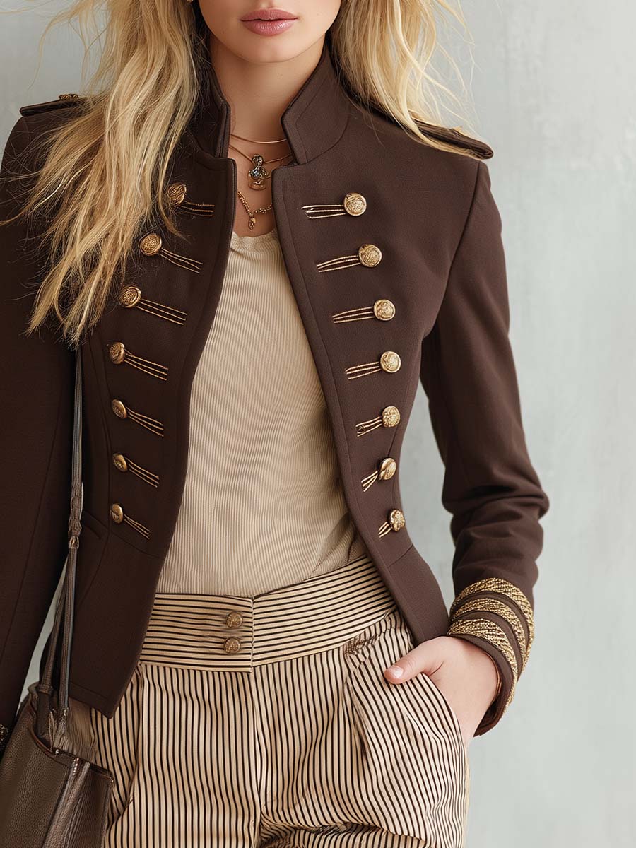Elegant Retro Brown Stand-Collar Jacket