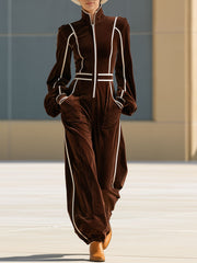 Casual Retro Color-blocked Woven Brown Velvet Zip-up Jumpsuit