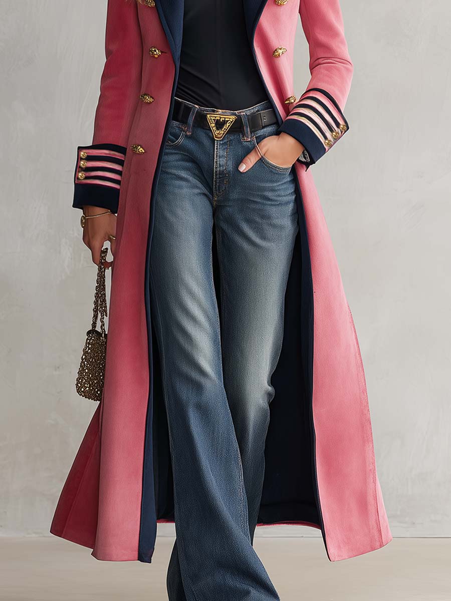 Elegant And Classic Lapel Collar Double-breasted Contrast Detailing Long Tweed Coat
