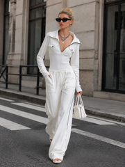 Elegant Sporty-trim Cream-white Top And Wide-leg Trousers Set